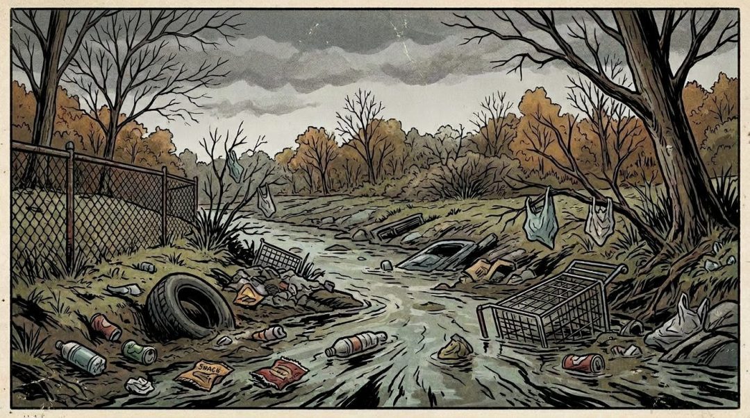 A polluted brook littered with trash, including tires, cans, plastic bags, and a shopping cart, surrounded by old houses and bare trees under a cloudy sky.