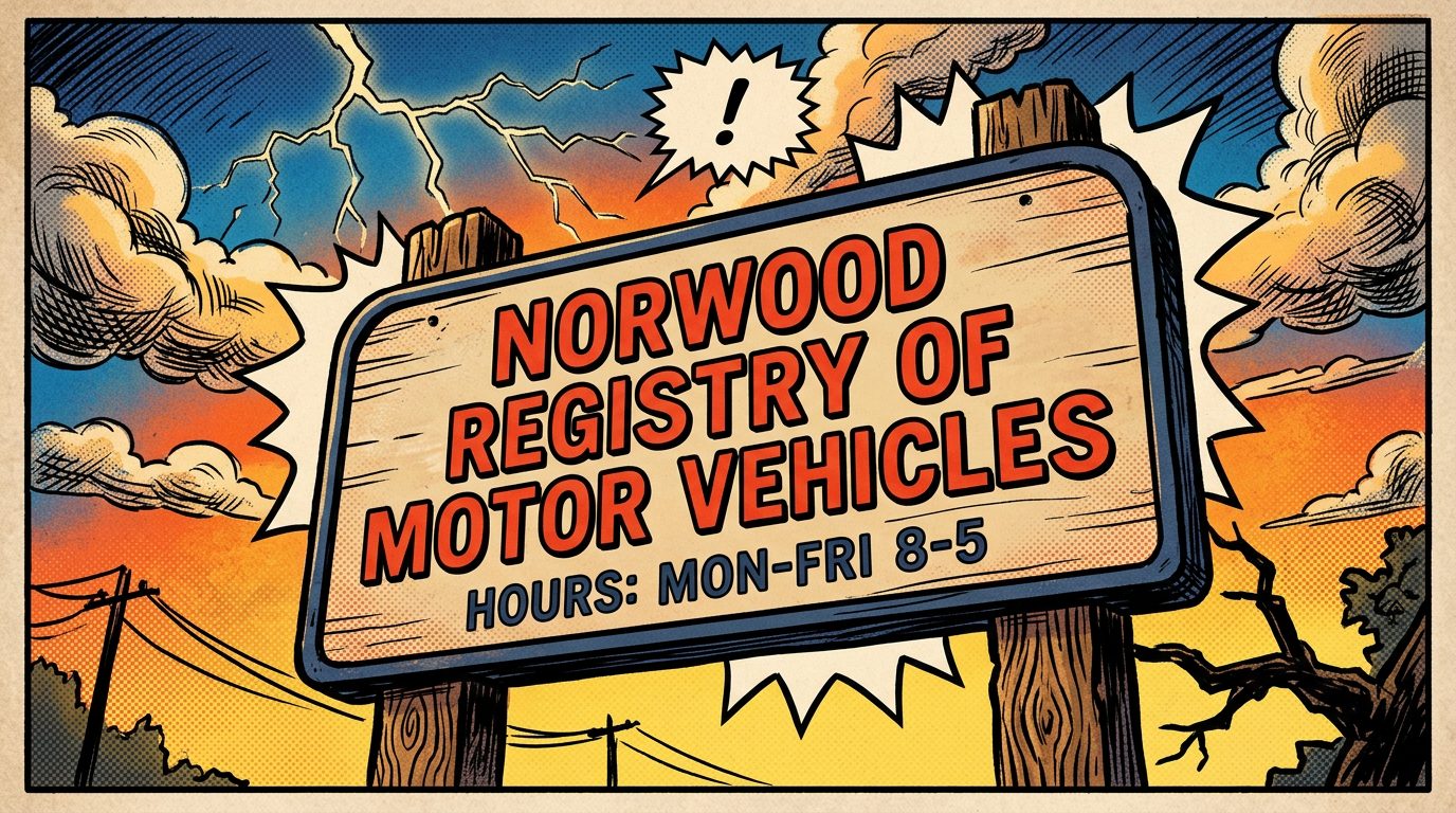Sign reading 'Norwood Registry of Motor Vehicles Hours: Mon-Fri 8-5' with a dramatic sky background