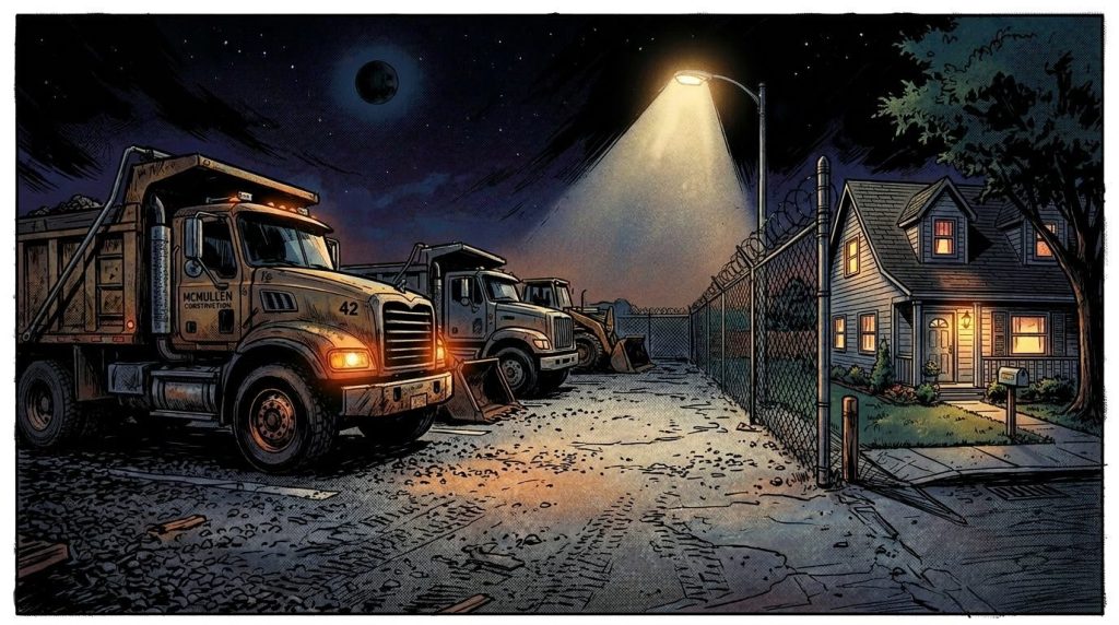 Construction trucks parked at night in a gravel lot next to a fenced house with lights on