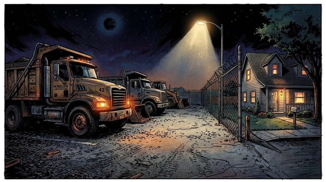 Construction trucks parked at night in a gravel lot next to a fenced house with lights on