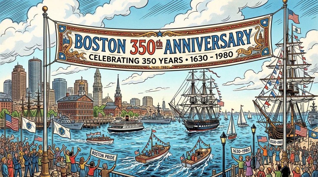 Banner reading Boston 350th Anniversary Celebrating 350 years 1630 - 1980 over Boston waterfront with historic ships and crowd