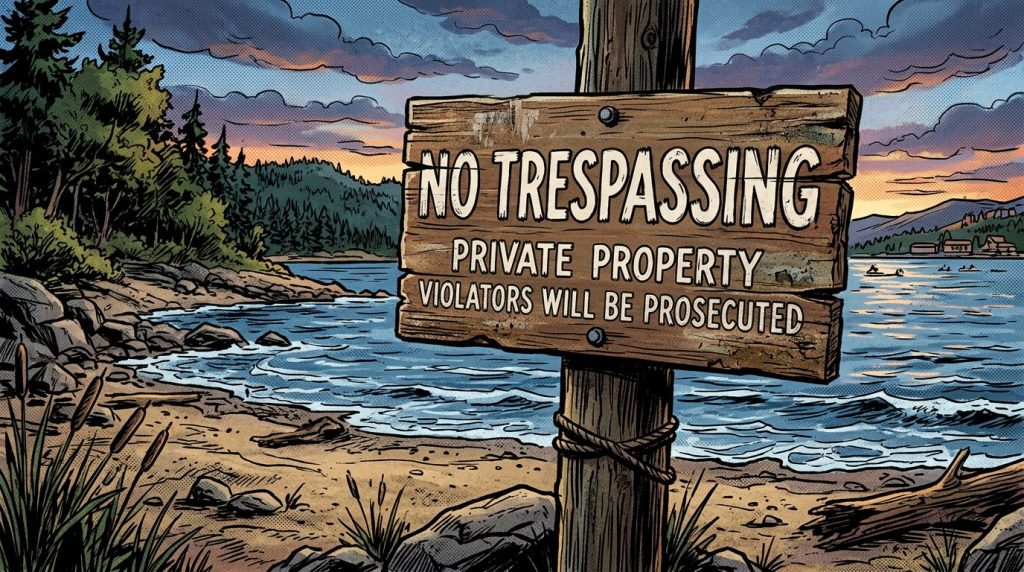 Wooden sign reading 'No Trespassing Private Property Violators Will Be Prosecuted' by a lakeside