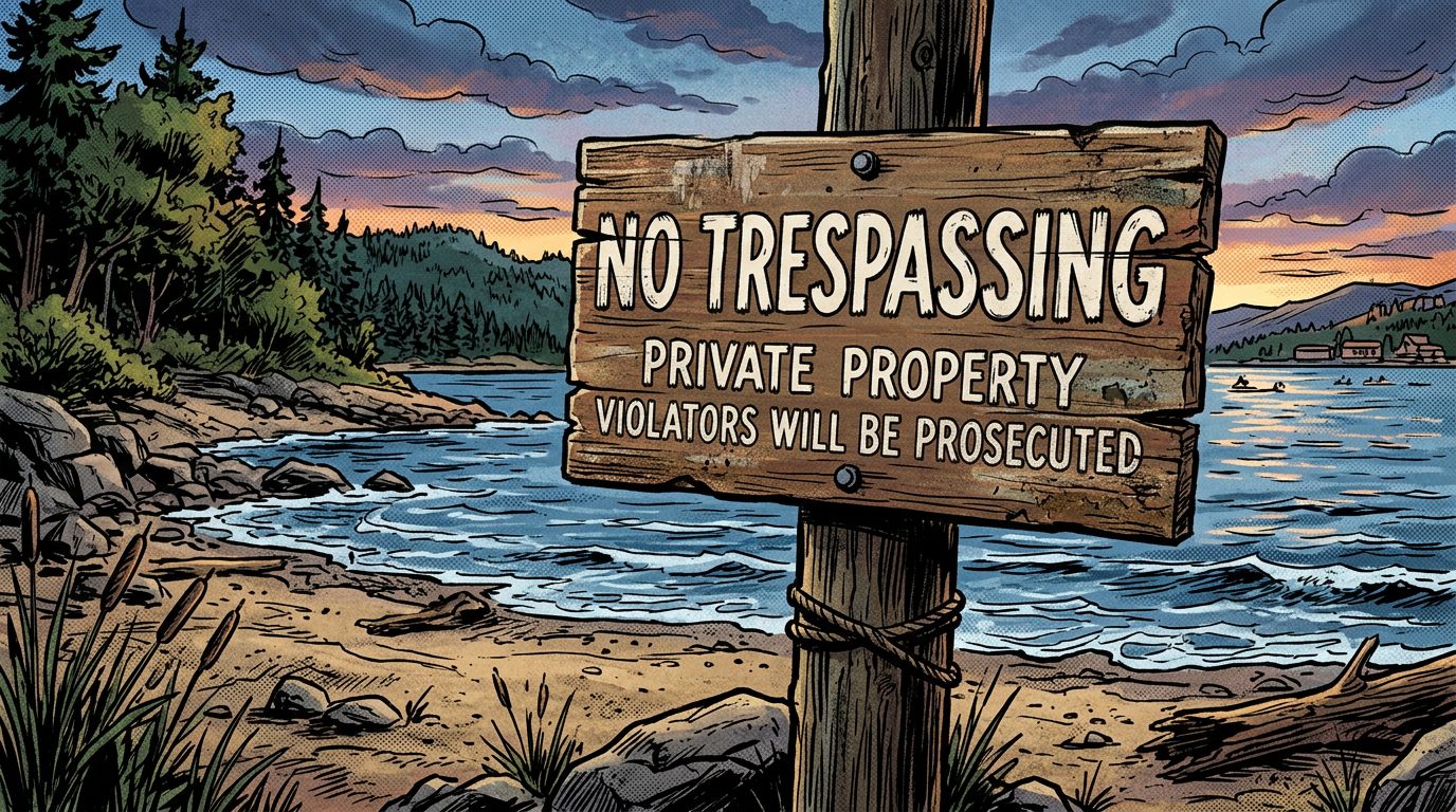 Wooden sign reading 'No Trespassing Private Property Violators Will Be Prosecuted' by a lakeside