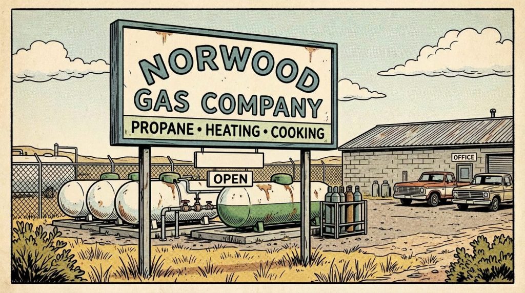 Norwood Gas Company sign with propane tanks and office building