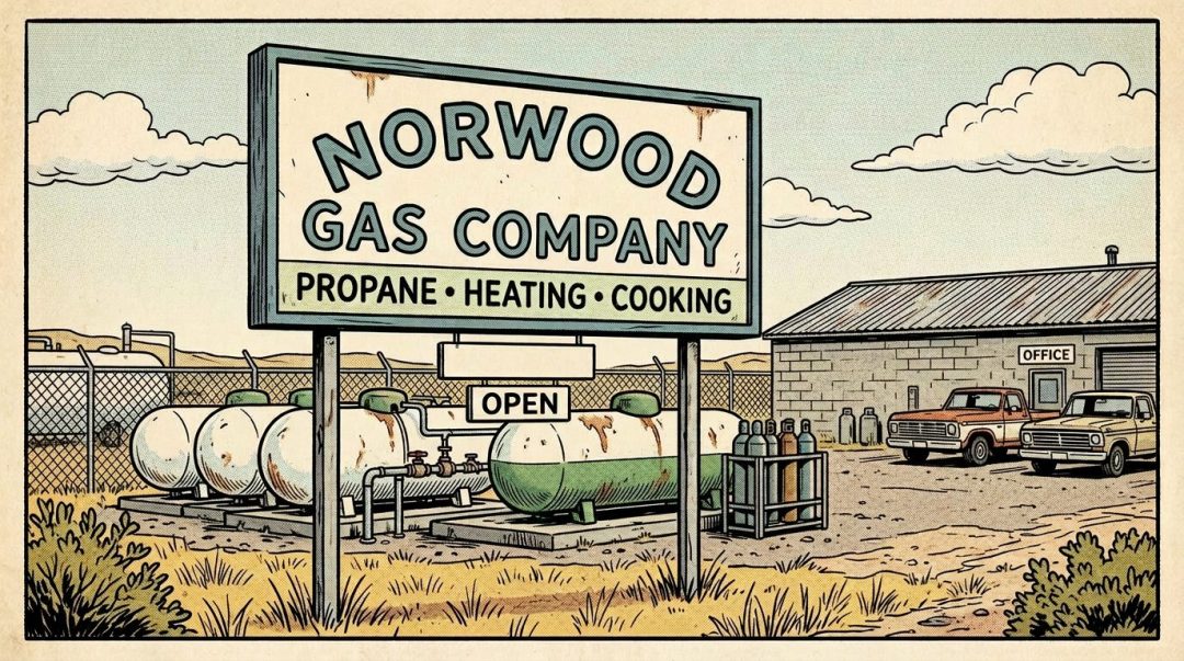 Norwood Gas Company sign with propane tanks and office building