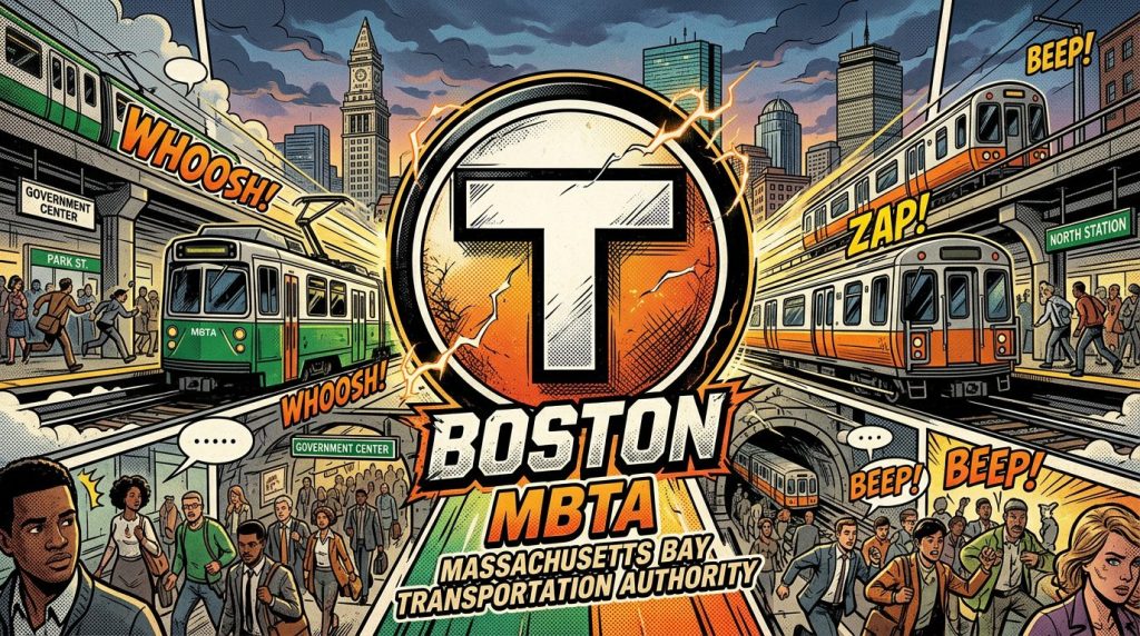 Comic illustration showing Boston MBTA green and orange trains at Government Center and North Station with crowds