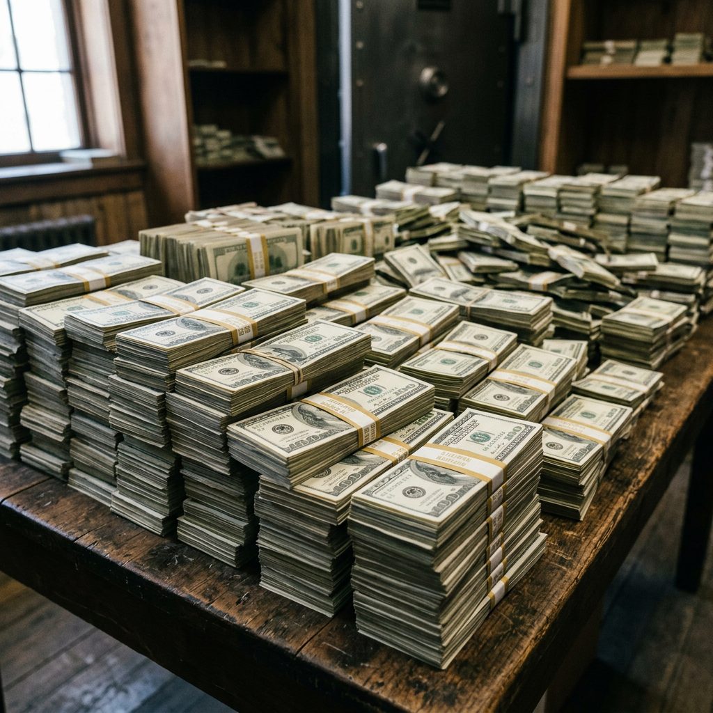 Multiple stacks of US hundred-dollar bills bundled and placed on a wooden table