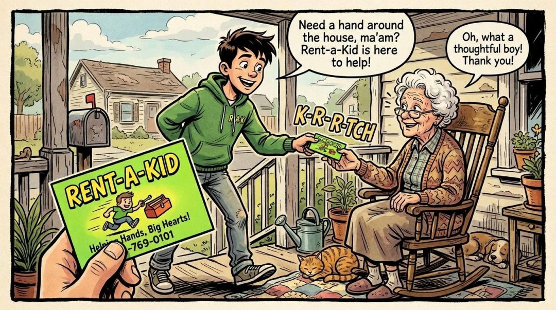 Young boy in green hoodie offering a business card to elderly woman on porch