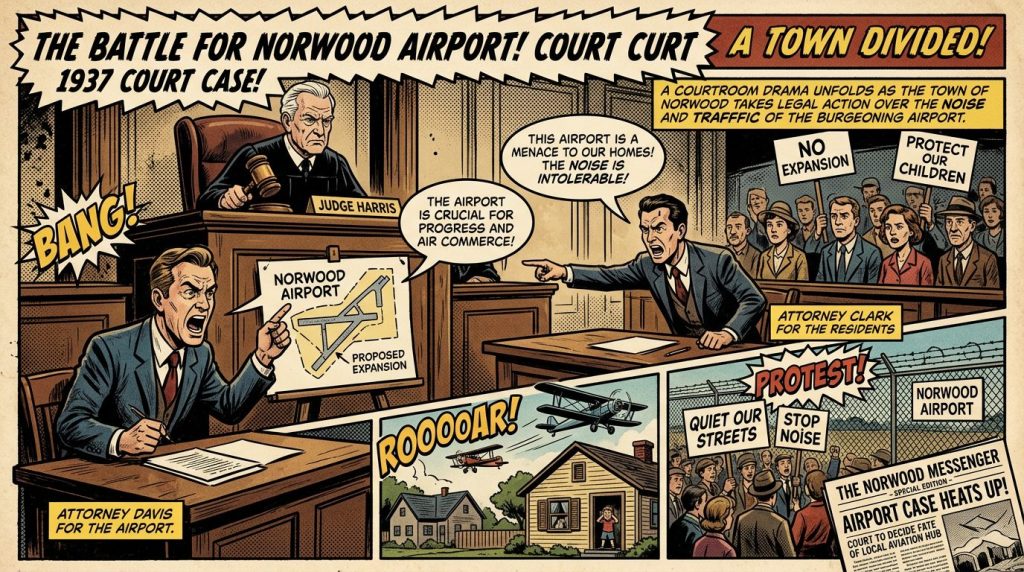 Courtroom scene with attorneys debating Norwood Airport expansion and residents protesting