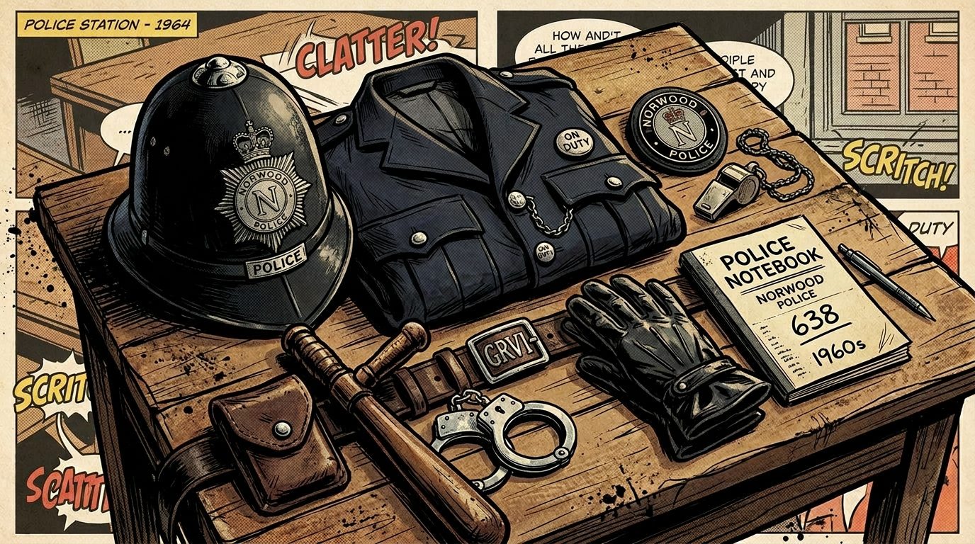 1960s Metropolitan Police helmet, uniform, baton, handcuffs, gloves, whistle, badge, and notebook on wooden desk