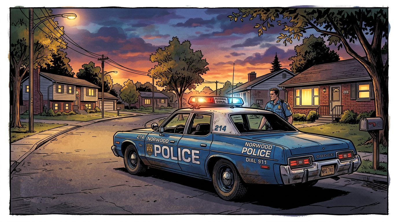 Police car parked on quiet suburban street at sunset with officer standing nearby
