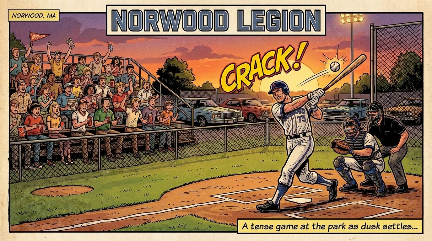 Baseball player swings bat hitting ball with catcher and umpire behind and spectators watching at dusk