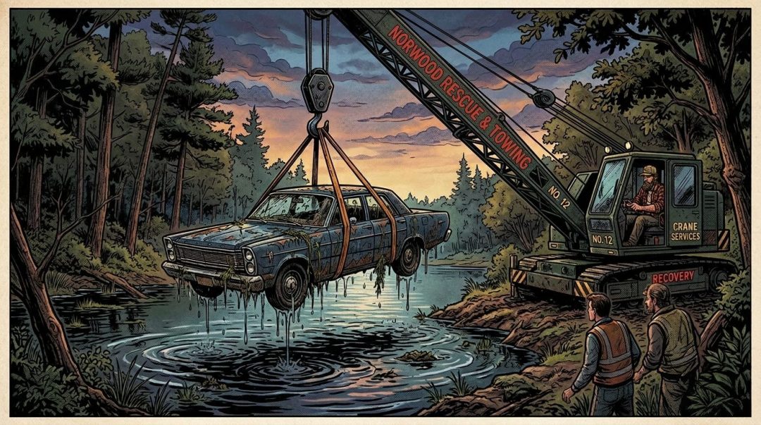 Crane lifting an old car out of a wooded pond with workers watching