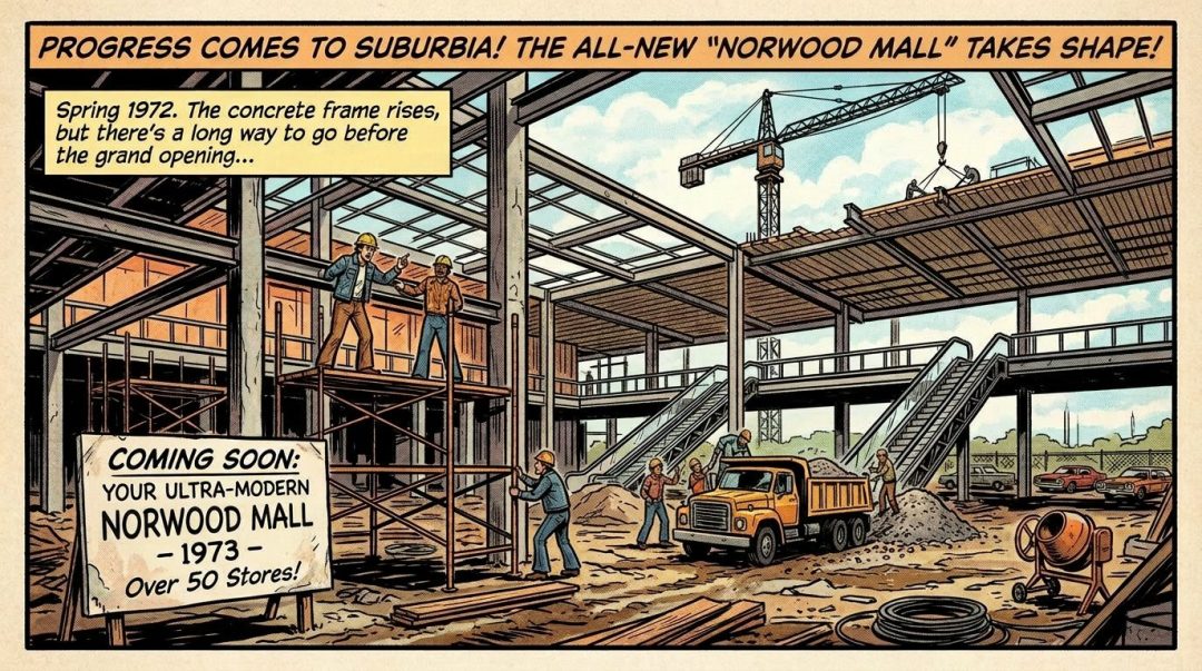 Construction site of Oakvale Mall in 1972 with workers, scaffolding, crane, dump truck, and escalators