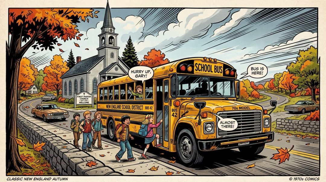 1970s yellow school bus labeled New England School District with children boarding near a church in autumn