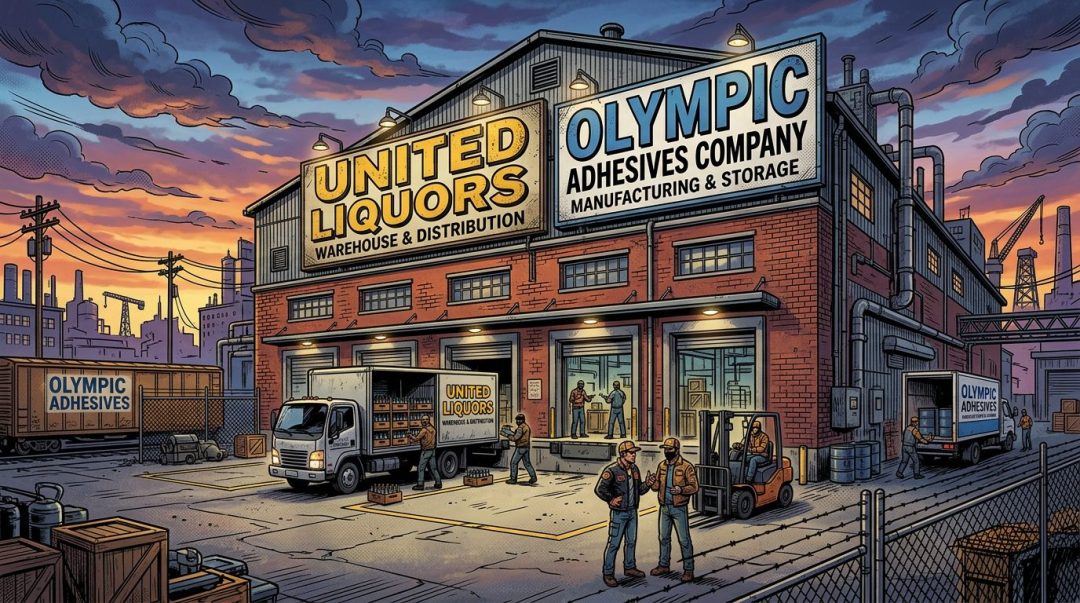 Exterior warehouse with signs United Liquors and Olympic Adhesives Company