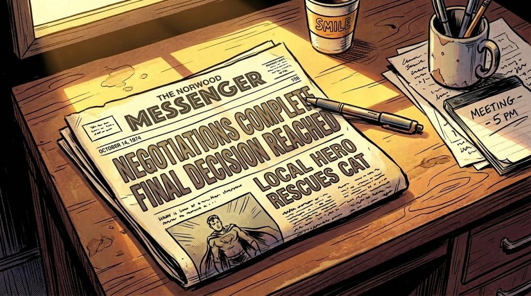 Newspaper titled 'The Evening Chronicle' with headlines about city council deadlock and a local hero saving a cat