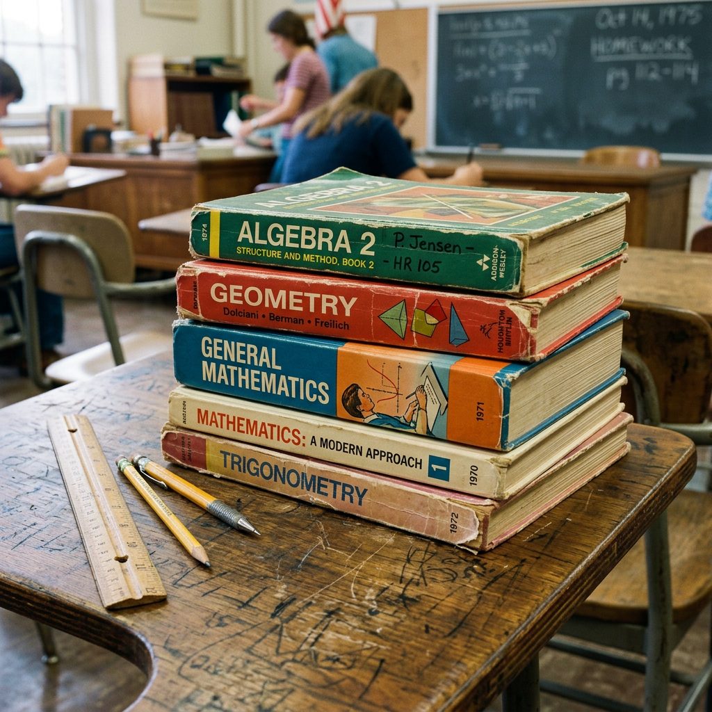 Stack of vintage math textbooks on a classroom desk with ruler and pencils