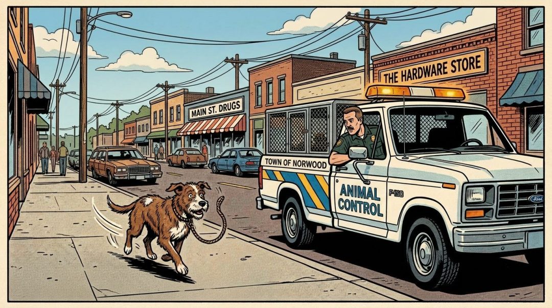 Animal control officer leaning out truck window calling to a dog running away with leash