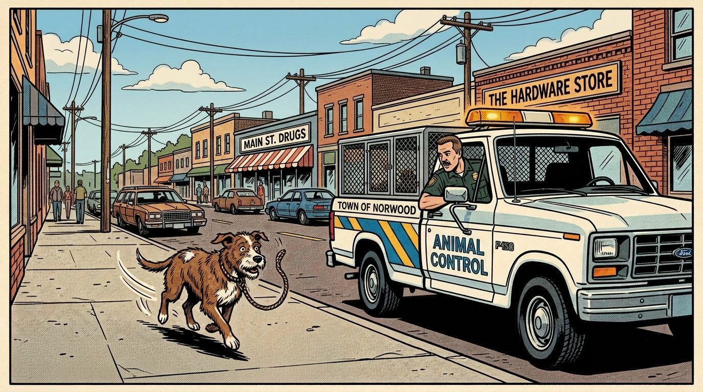 Animal control officer leaning out truck window calling to a dog running away with leash