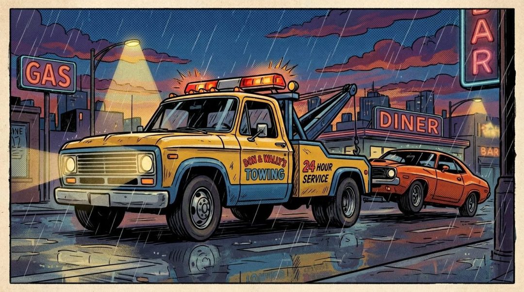 Yellow tow truck from Don & Wally's Towing towing an orange car at night in rain