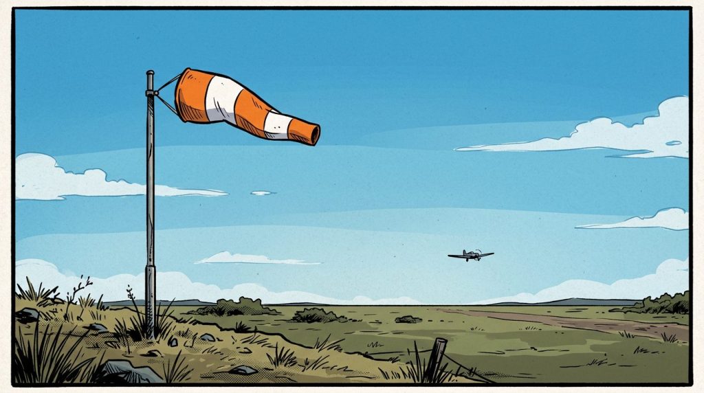 Orange and white windsock on a pole beside a grassy airstrip with a small plane flying in a clear blue sky
