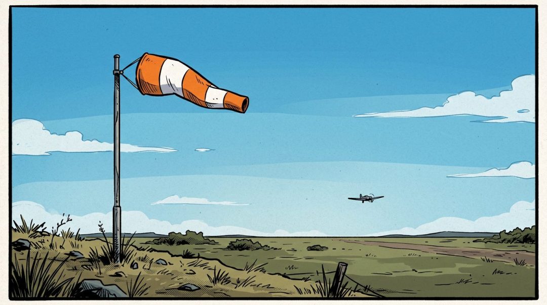 Orange and white windsock on a pole beside a grassy airstrip with a small plane flying in a clear blue sky