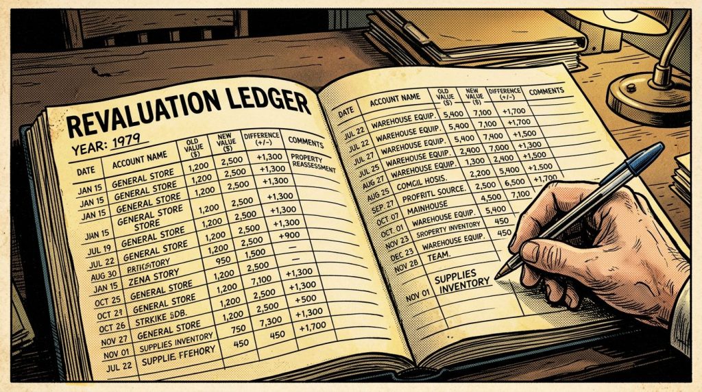 Open ledger book titled 'Revaluation Ledger' with dated financial entries and a hand holding a pen