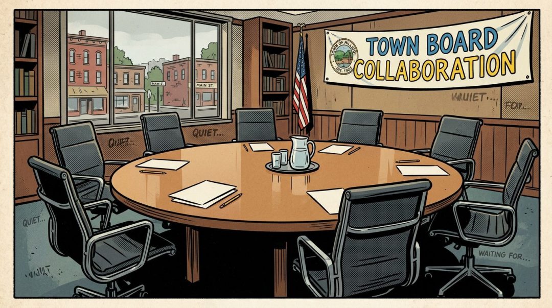 Empty conference room with round table, chairs, papers, pitchers, and banner reading Town Board Collaboration