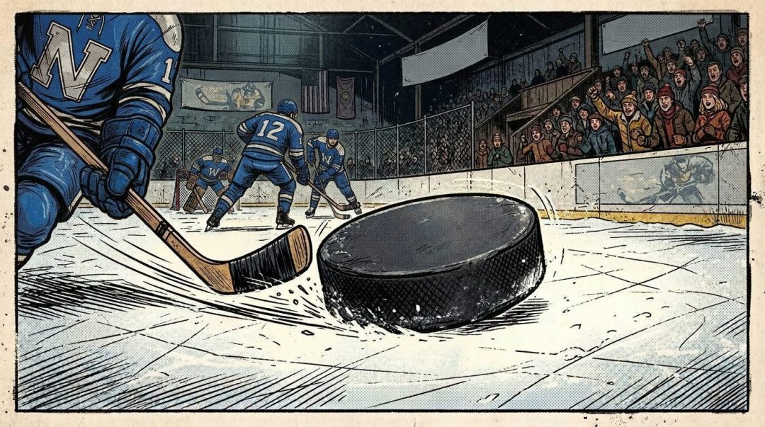 Hockey players in maroon and yellow uniforms compete on ice rink with puck and enthusiastic crowd