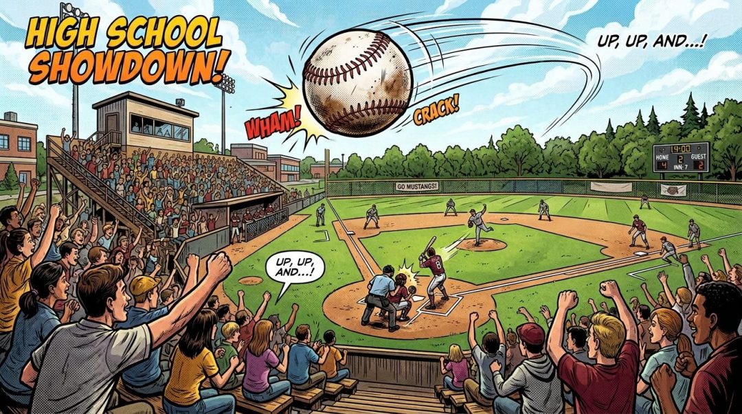 High school baseball game with pitcher, batter, umpire, and cheering crowd