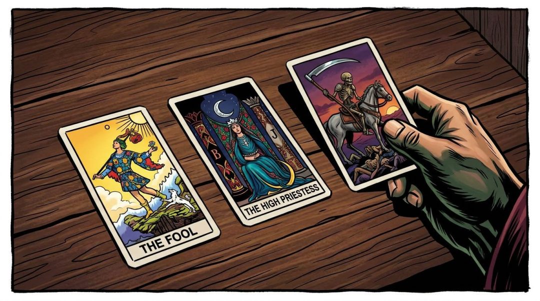 Tarot cards The Fool, The High Priestess, and Death laid out on a wooden surface with a hand holding the Death card