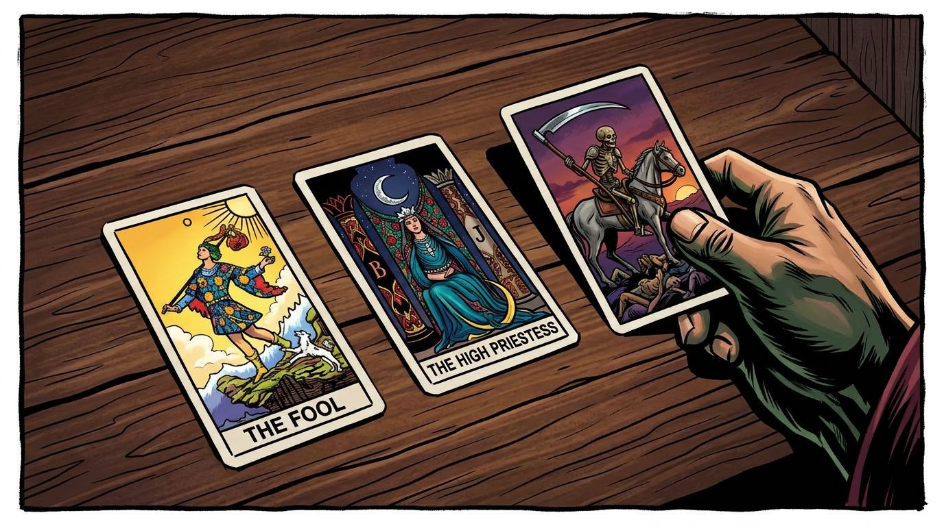 Tarot cards The Fool, The High Priestess, and Death laid out on a wooden surface with a hand holding the Death card