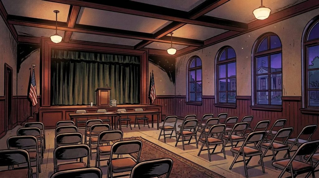 Empty committee meeting room with rows of chairs facing a podium under warm lights at night