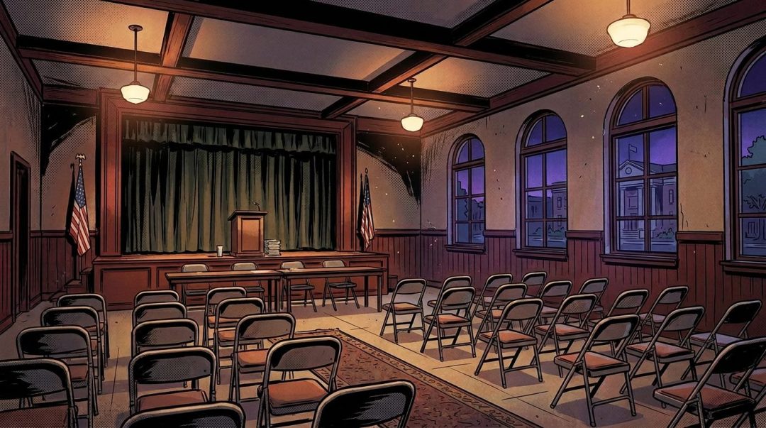 Empty committee meeting room with rows of chairs facing a podium under warm lights at night