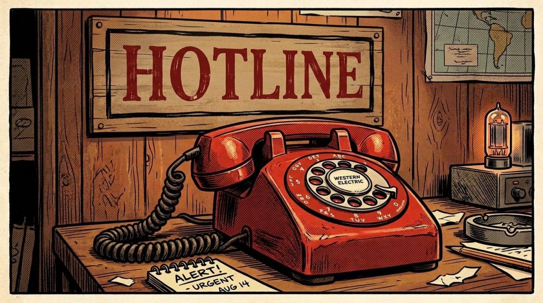 Red rotary dial telephone on wooden desk under urgent hotline emergency communications sign