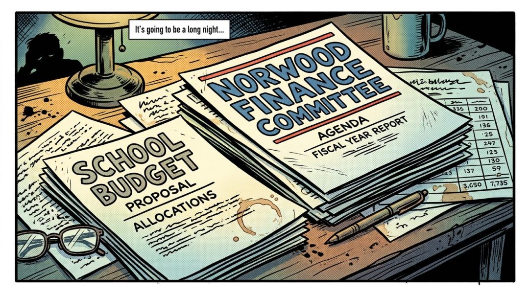 Stacks of papers titled 'School Budget Proposal Allocations' and 'Norwood Finance Committee Agenda Fiscal Year Report' on a wooden desk