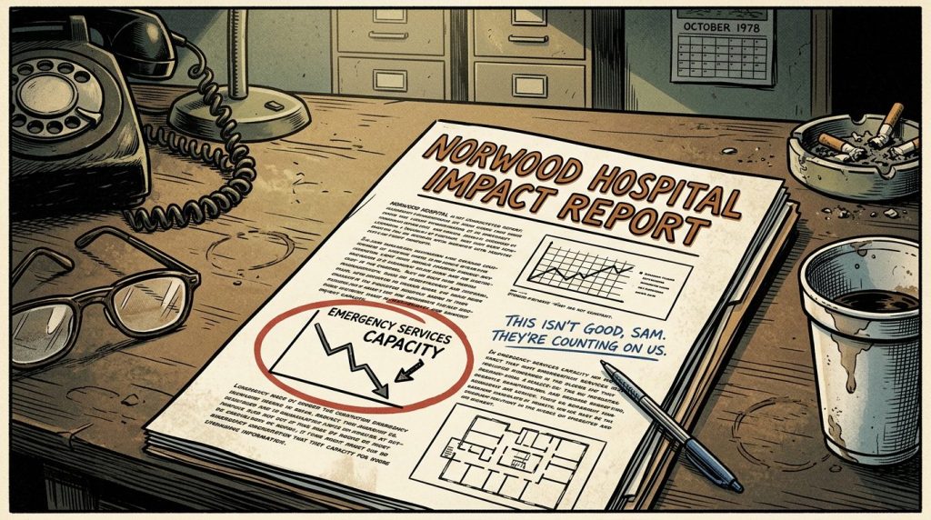 Norwood Hospital impact report showing emergency services capacity decline chart on a desk with phone, glasses, coffee, and ashtray