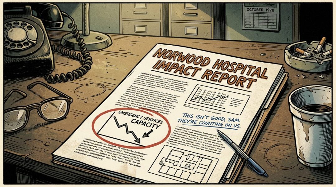 Norwood Hospital impact report showing emergency services capacity decline chart on a desk with phone, glasses, coffee, and ashtray