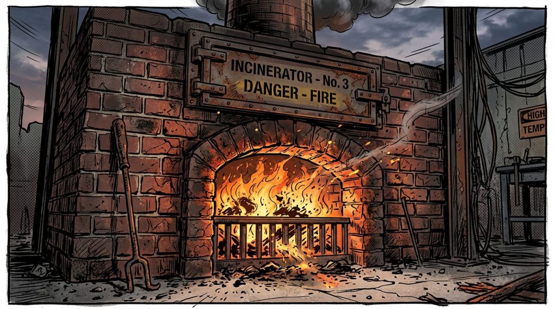 Brick incinerator No. 3 with flames and sparks inside, warning sign of danger fire