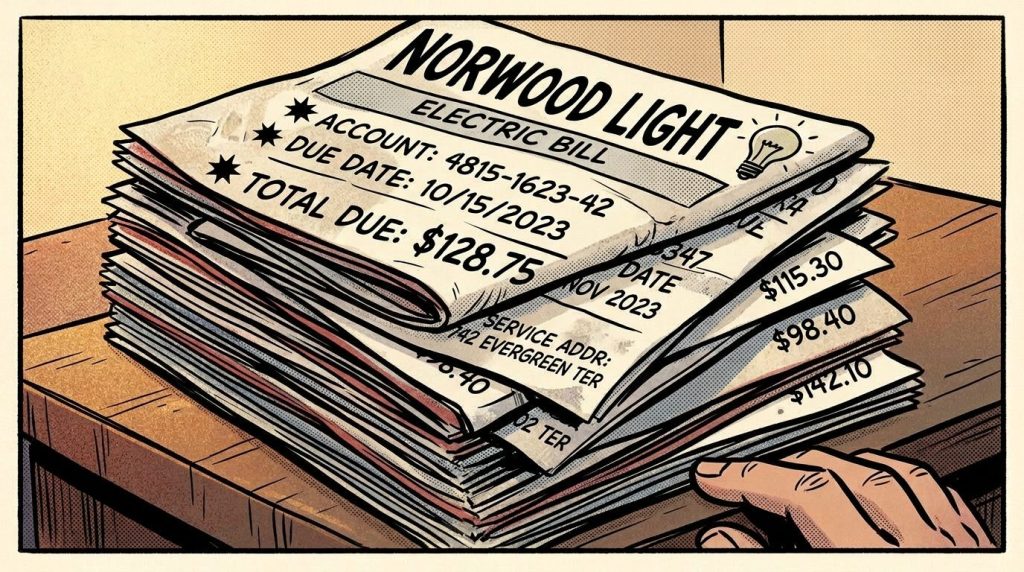 Stack of unpaid electric bills from Norwood Light with due dates and amounts