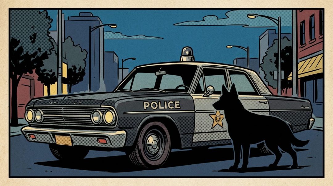Classic police car parked on city street with police dog silhouette in front at night