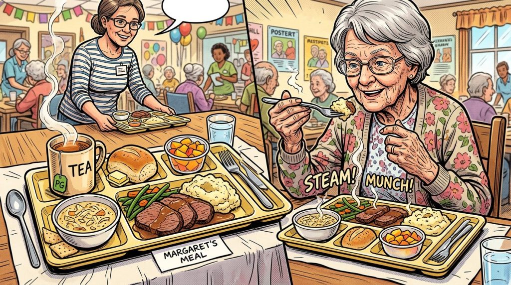 Elderly woman eating a meal with steam rising at a senior center dining room