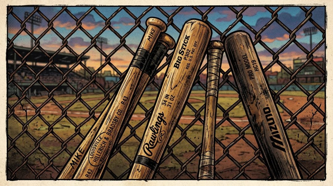 Five wooden baseball bats leaning against a chain-link fence with a baseball field and stands in the background