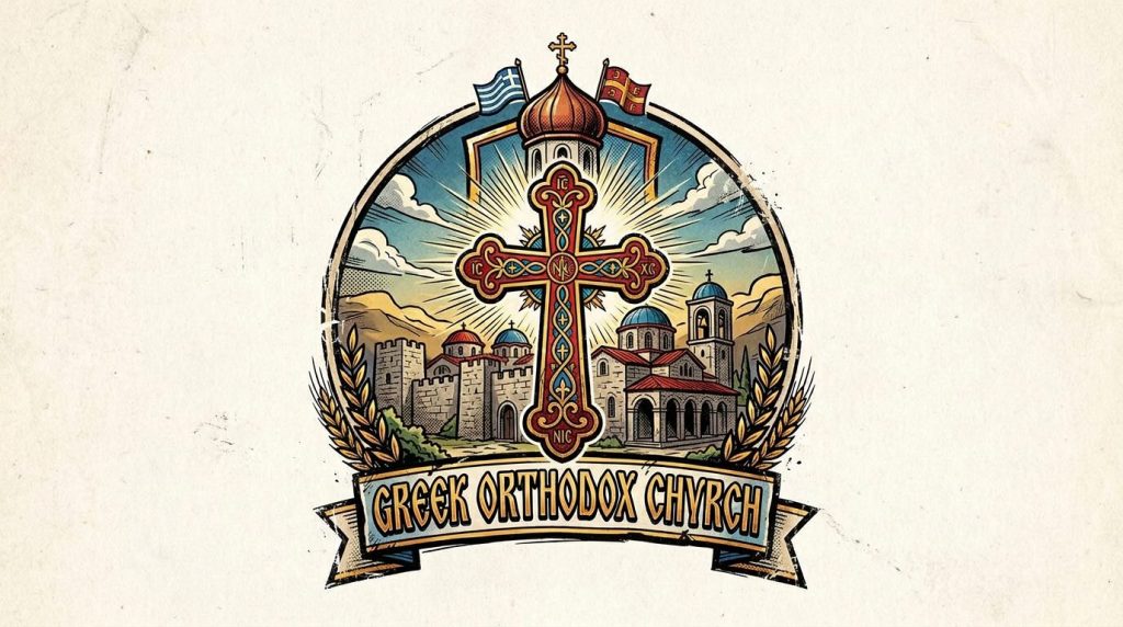 Emblem showing a cross, Orthodox church buildings, and flags with text Greek Orthodox Church St. George Parish