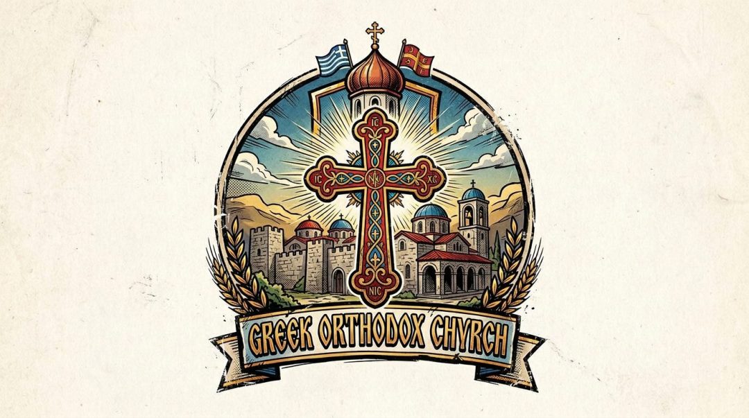 Emblem showing a cross, Orthodox church buildings, and flags with text Greek Orthodox Church St. George Parish