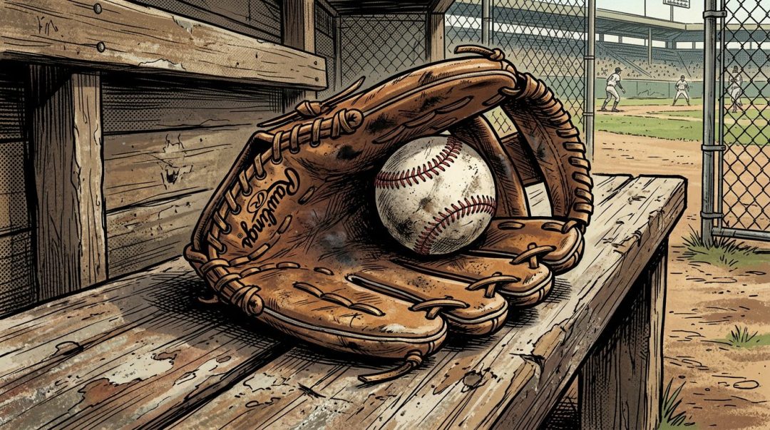 Worn baseball glove with scuffed baseball inside on wooden bench in dugout