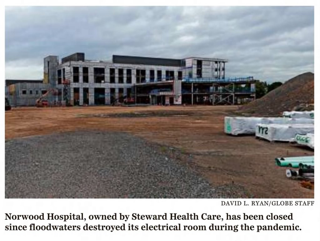 Construction site of Norwood Hospital, featuring an incomplete building with scaffolding and construction materials scattered around.