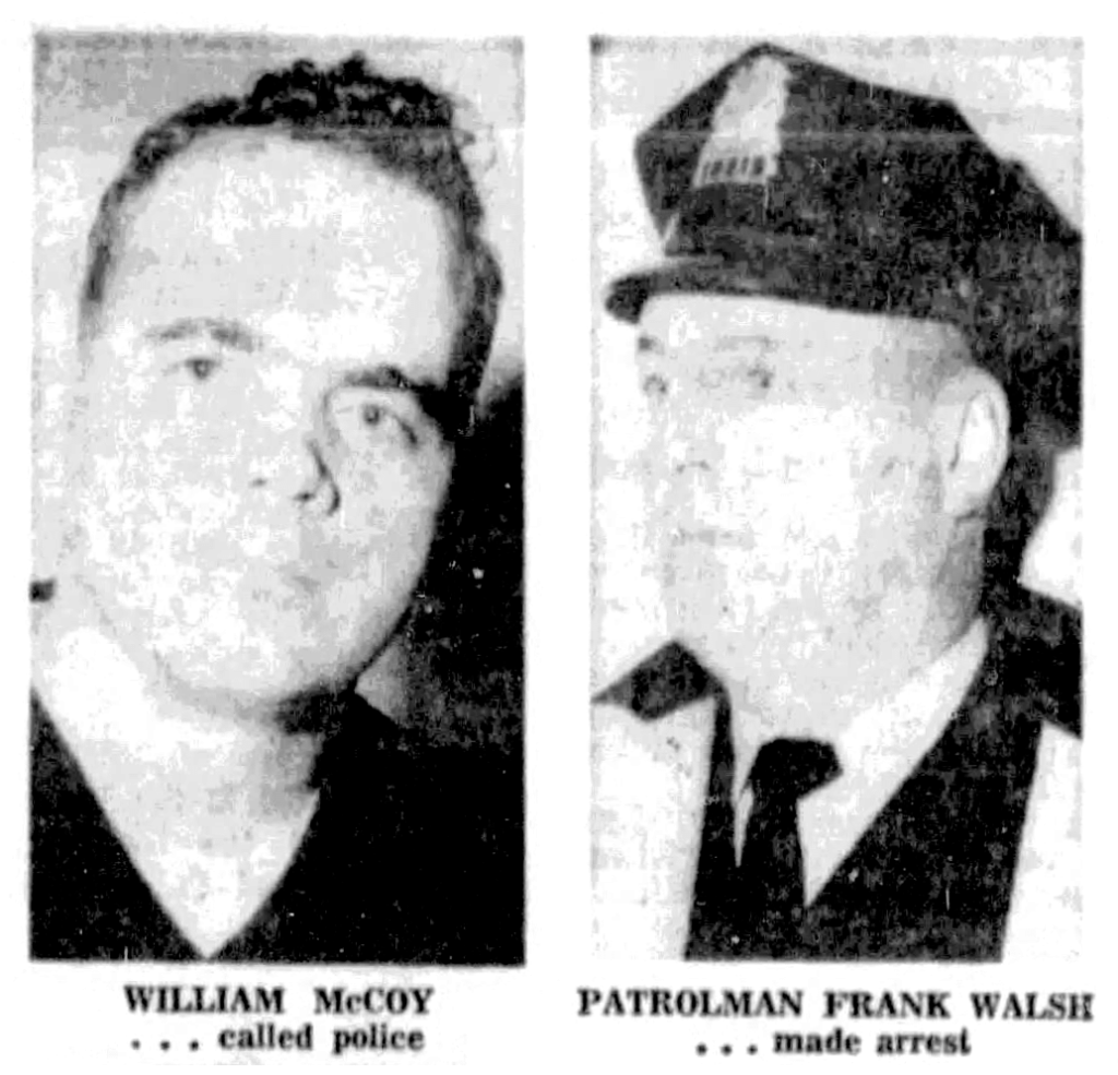 Headshots of two men: the left side shows William McCoy, who called the police, and the right side shows Patrolman Frank Walsh, who made the arrest.