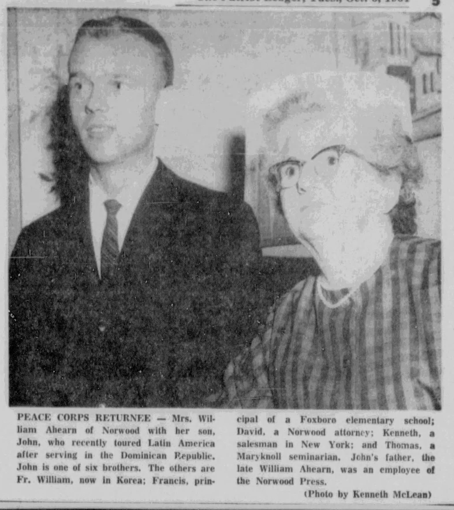 Norwood Peace Corps Returnee John A. Ahearn Recalls Dominican Republic Service and Grassroots Co-Op Development-October 6, 1964